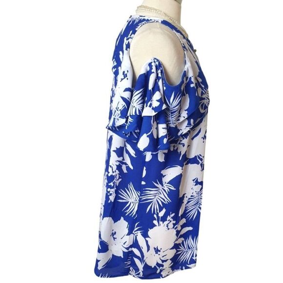Bold Elements Womens Cold Shoulder Top XL Blue Floral Hawaiian Boho Tunic Chic - Picture 4 of 6